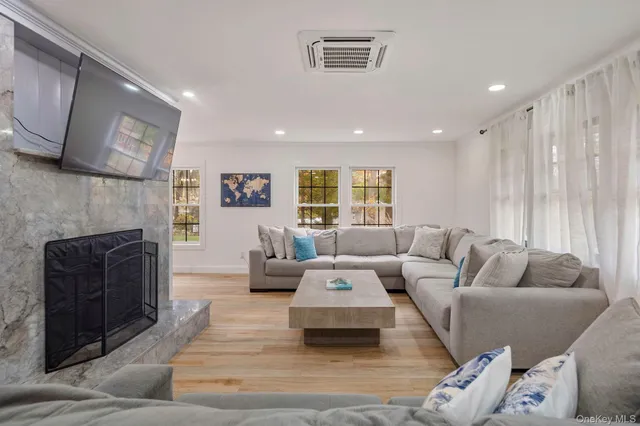 a living room with furniture and a fireplace