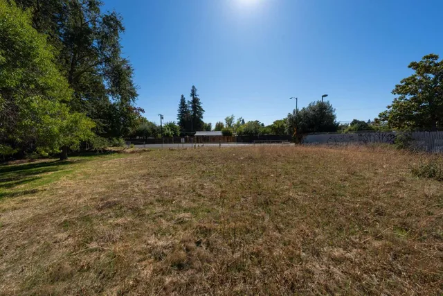 a view of a field with trees in background