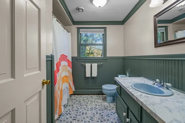 a bathroom with a sink a toilet and mirror