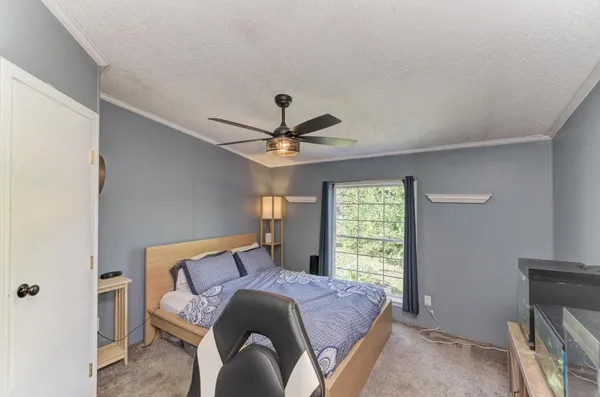 a bedroom with a bed and a window