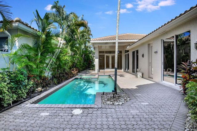a view of a backyard with plants and patio