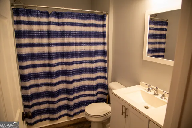 a bathroom with a sink a toilet a mirror and shower curtain