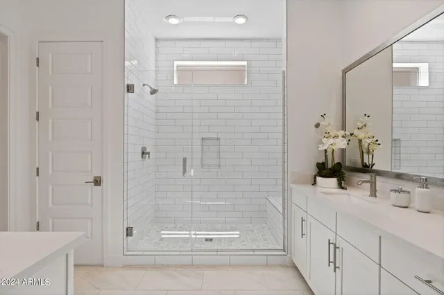 a bathroom with a shower sink and mirror