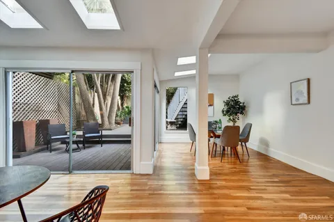 a view of a dining room with furniture and wooden floor