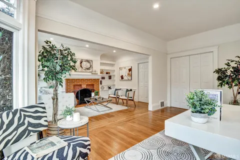 a living room with furniture a fireplace and a potted plant