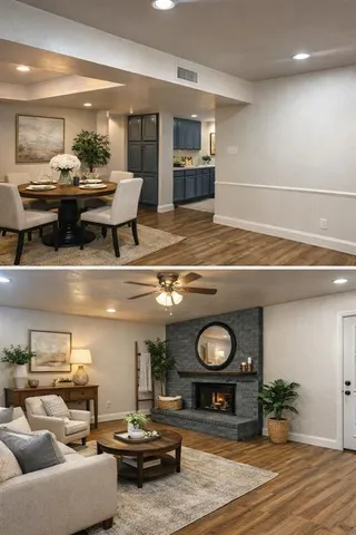 a living room with furniture and a fireplace