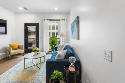 a living room with furniture and a potted plant