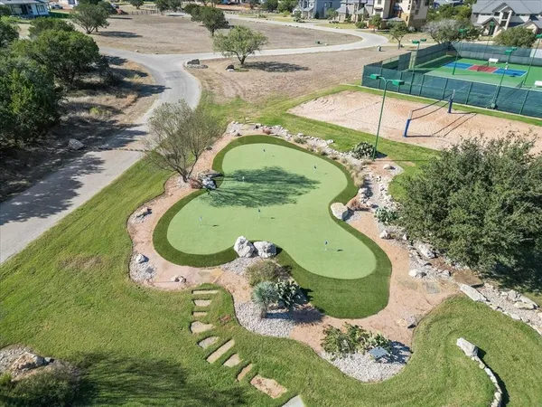 an aerial view of a swimming pool