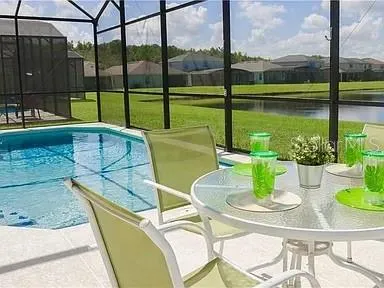 an aerial view of a swimming pool