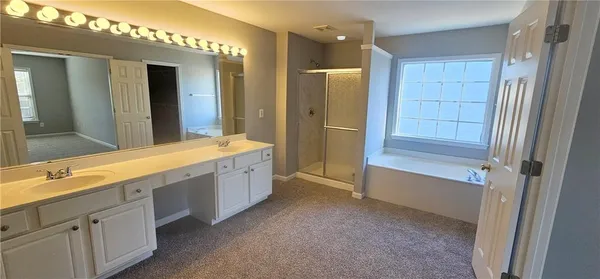 a spacious bathroom with a double vanity sink a large mirror and a shower