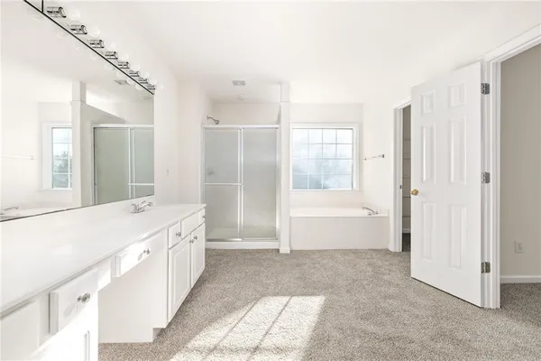 a bathroom with a double vanity sink mirror and toilet