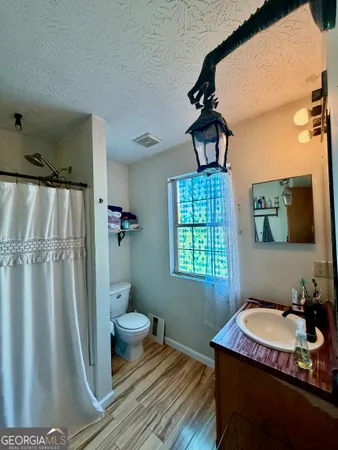 a bathroom with a granite countertop sink toilet and shower