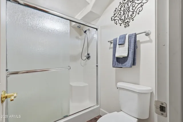 a bathroom with a granite countertop toilet sink and mirror