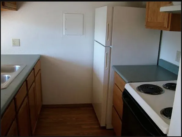 a kitchen with a refrigerator and a sink