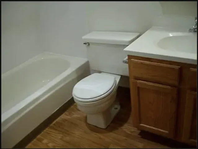 a white toilet sitting next to a bath tub