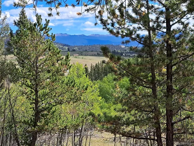a view of a lake in between two of trees
