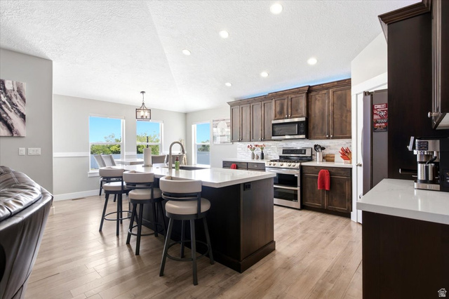 2973 West Red Sand Rd Haven Ogden, UT 84401 - Photo 9 of 30 Open-concept kitchen featuring an expansive center island with seating, stainless steel appliances, dark wood cabinetry, light wood-finish flooring, and recessed lighting