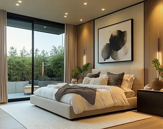 a bedroom with a large bed and a large window