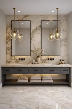a bathroom with a double vanity sink and a mirror