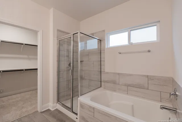 a bathroom with a bathtub and a shower