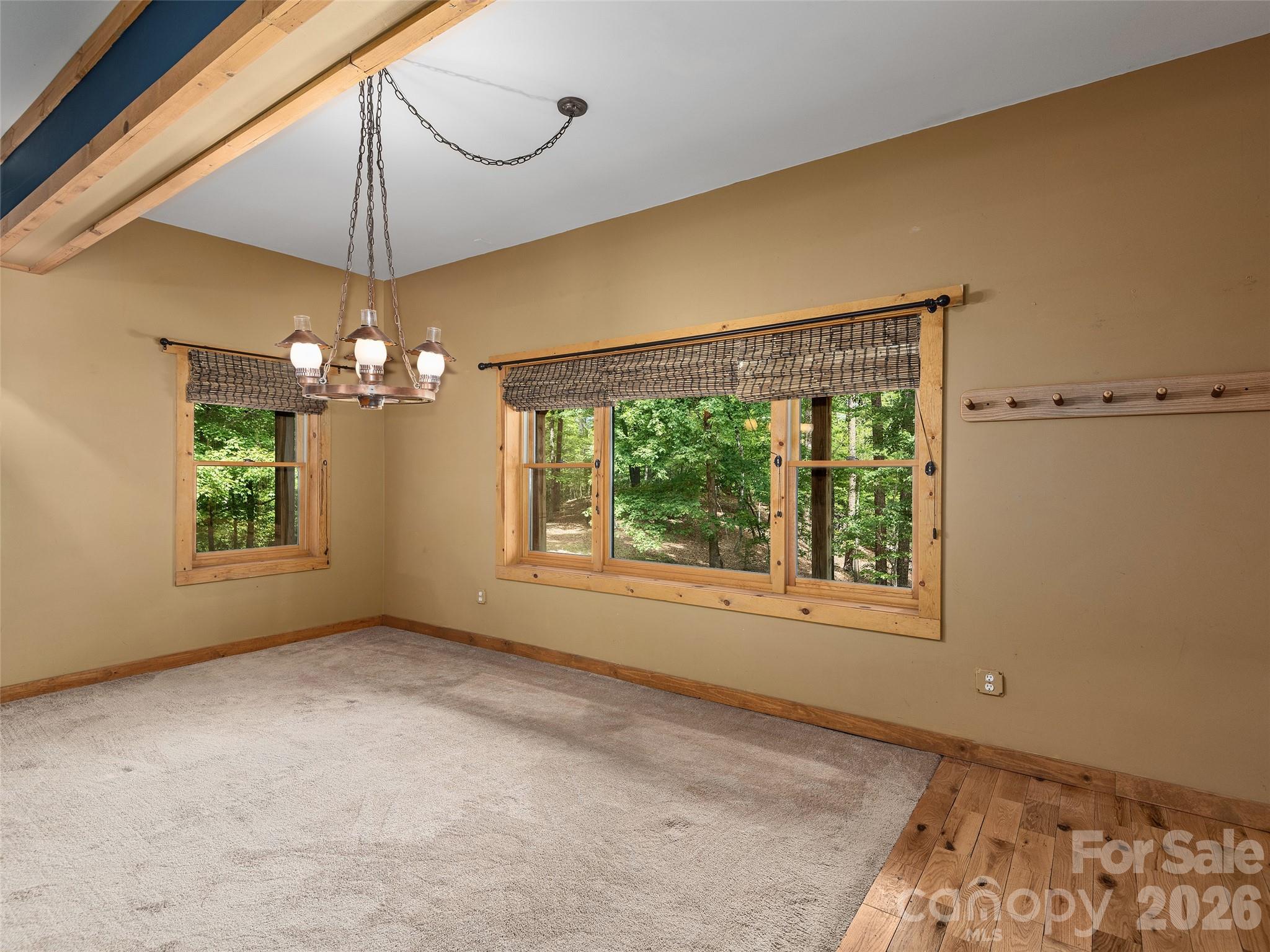 413 Green Hills Road Mill Spring, NC 28756 - Photo 35 of 48 an empty room with windows and chandelier fan