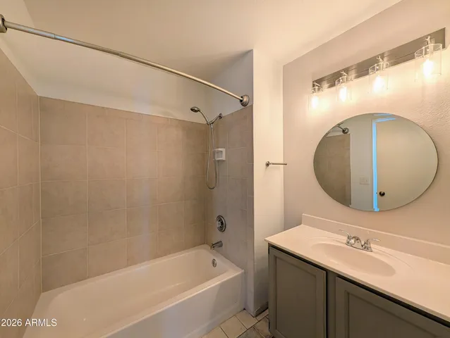 a bathroom with a tub sink mirror and vanity