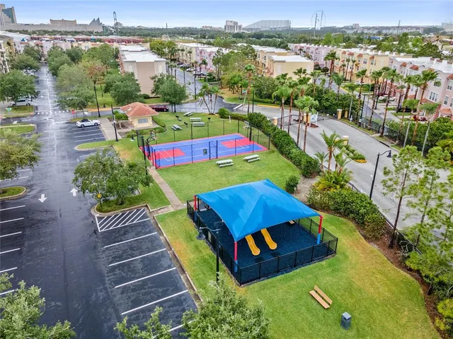 an aerial view of a house with a garden