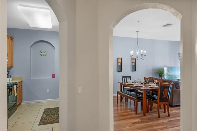 a view of a dining room with furniture