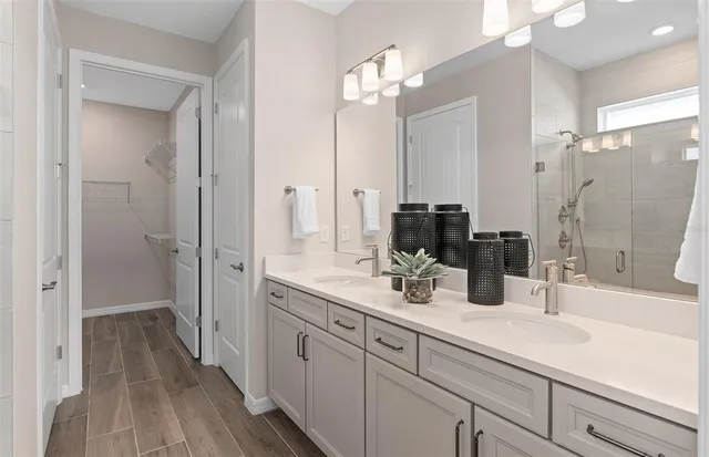 a bathroom with a sink a mirror a vanity and shower