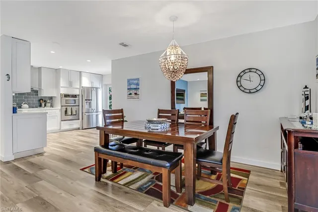 a view of a dining room with furniture and kitchen view