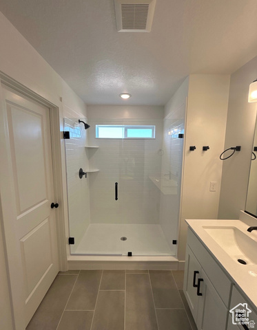 2720 West Aurora Avenue Mapleton, UT 84664 - Photo 6 of 11 Full bath with vanity, a shower stall, dark tile patterned flooring, and a textured ceiling