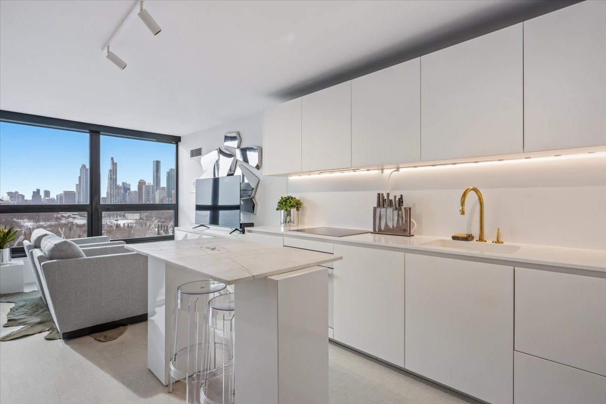 360 East Randolph Street, Unit 1002 Chicago, IL 60601 - Photo 6 of 27 a kitchen with a sink a stove and cabinets