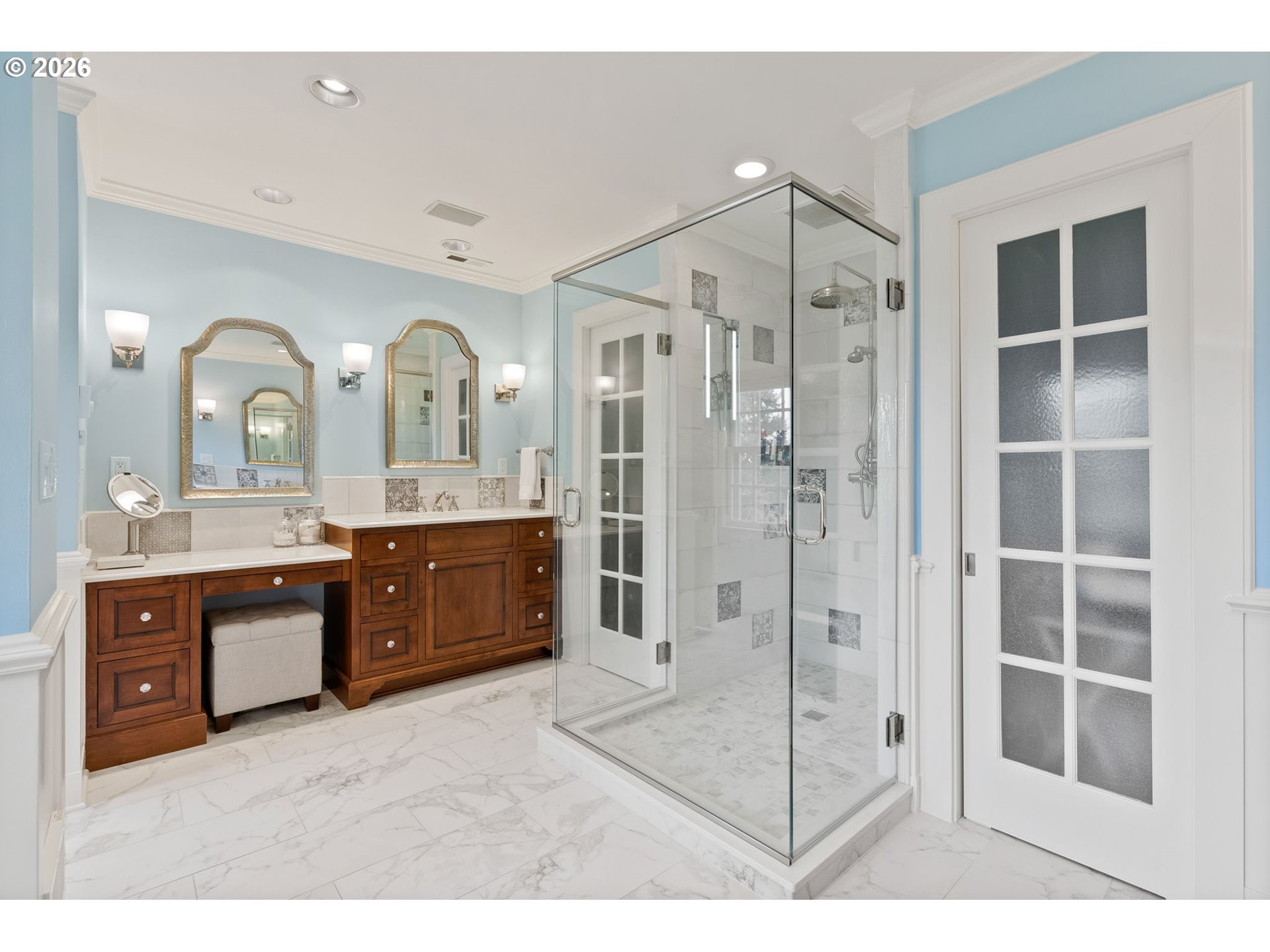 2393 South Military Road Portland, OR 97219 - Photo 25 of 48 a bathroom with a granite countertop sink mirror and shower