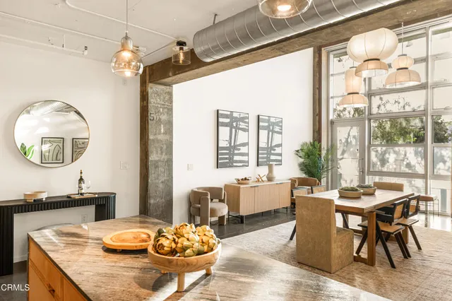 a view of a dining room with furniture