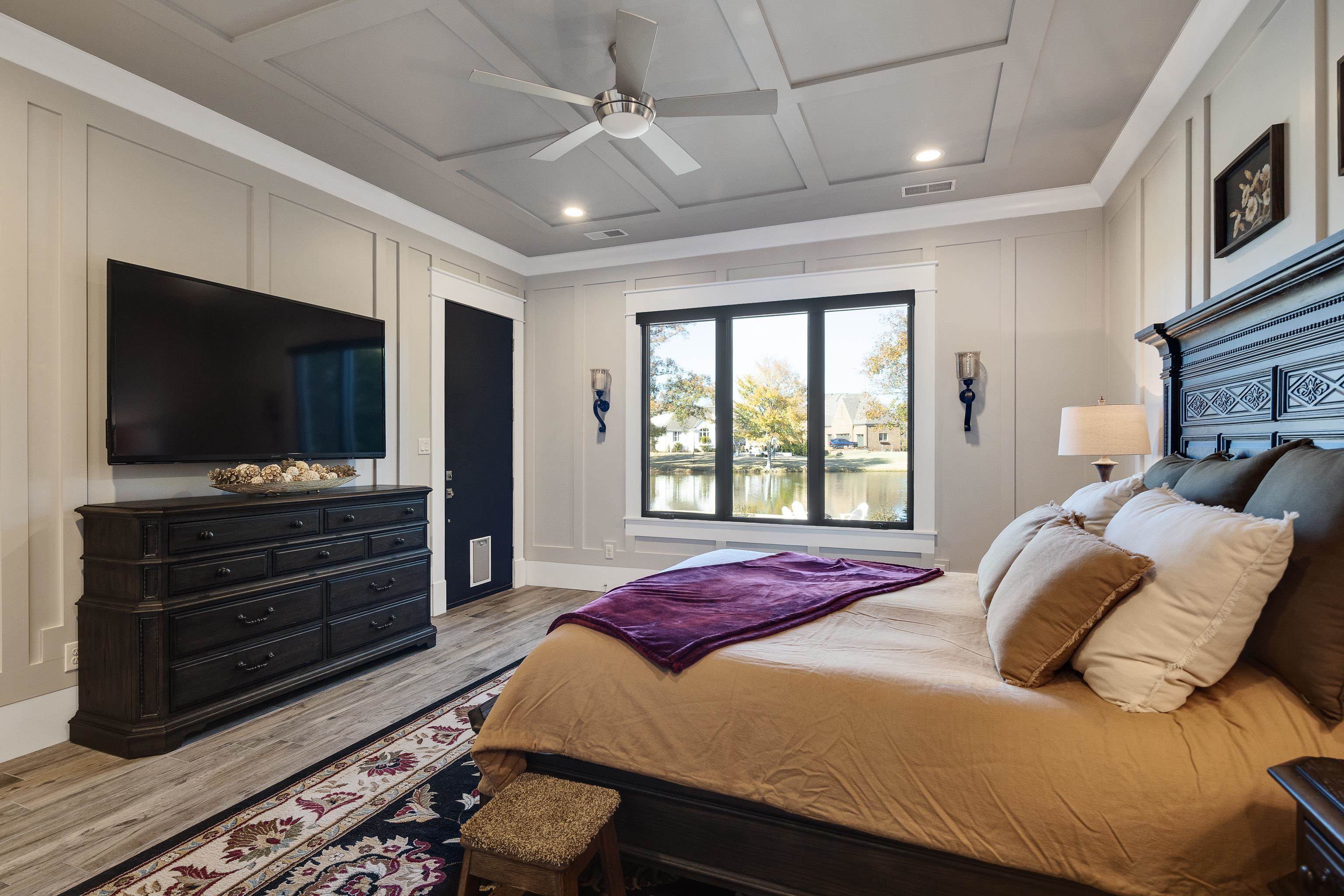 170 Twin Lakes Road Piperton, TN 38017 - Photo 6 of 40 Bedroom with a decorative wall, light wood finished floors, a ceiling fan, coffered ceiling, and recessed lighting