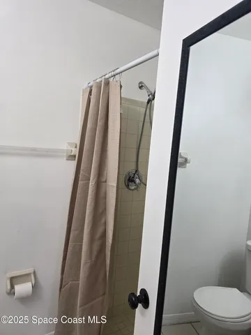 a bathroom with a shower and a toilet