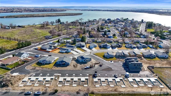 an aerial view of a building with outdoor space
