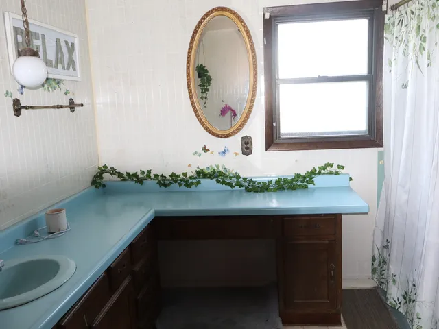a bathroom with a sink and a mirror