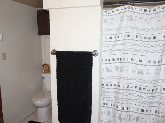 a bathroom with a toilet and a shower