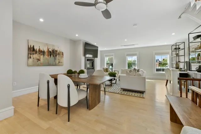 a view of a dining room with furniture