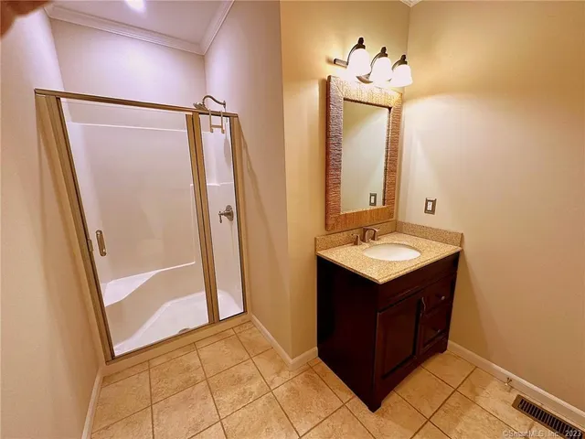 a bathroom with a sink a mirror and a shower