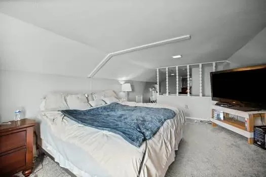 a bedroom with a bed and a flat screen tv