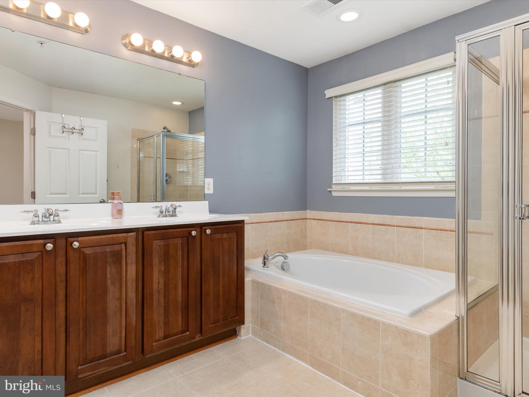 6888 Tasker Falls Elkridge, MD 21075 - Photo 31 of 47 a bathroom with a bathtub a double vanity sink and a large mirror