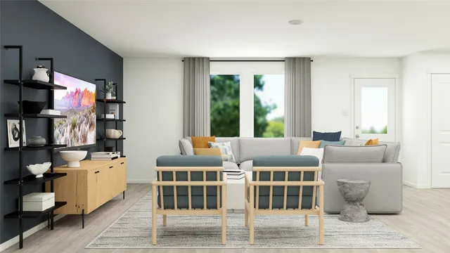 a bedroom with a bed and wall painting