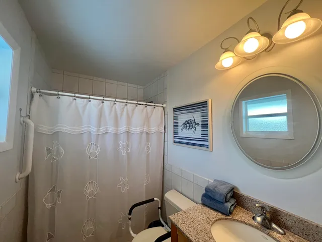 a bathroom with a sink mirror and toilet