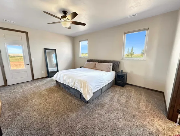 a bedroom with a bed and a ceiling fan