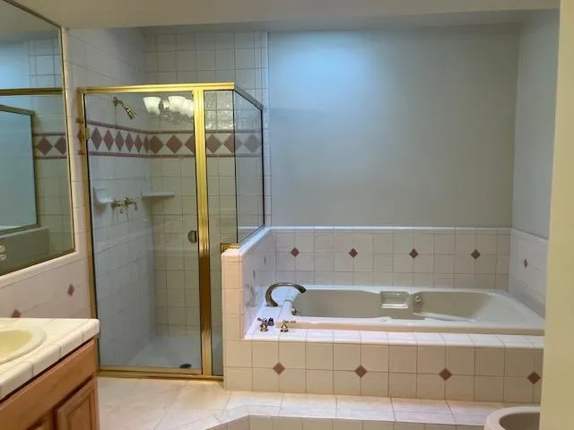 a bathroom with a bathtub and a shower