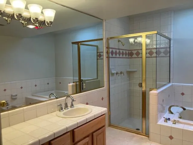 a bathroom with a sink a large mirror and a shower