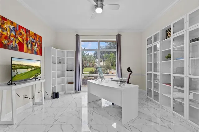 a view of an empty room with empty shelves