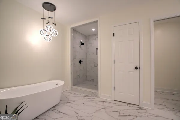 a bathroom with a bathtub and shower